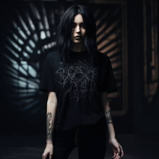 Model alternatif mengenakan kaos Bella and Canvas berwarna hitam dengan benang hitam tanpa gender dan tato angelcore, memamerkan gaya fashion jalanan dan rambut panjang.