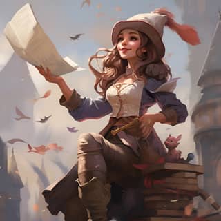 character art in a fantasy style of a gnome news reporter with a quill and parchment floating above her