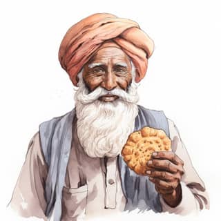 Une illustration d'un agriculteur indien tenant un biscuit au premier plan.