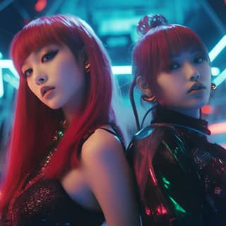 Deux jeunes filles asiatiques portant des tenues colorées de mode K-pop et des cheveux colorés dansent dans un parc à thème futuriste de Noël sous un arbre de Noël.