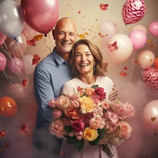 Chaleureuses félicitations au couple pour leur 30e anniversaire de mariage avec de magnifiques fleurs et de nombreux ballons d'air.