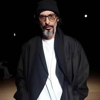 Homem minimalista com roupas de Yohji Yamamoto com uma paleta monocromática de preto e branco.