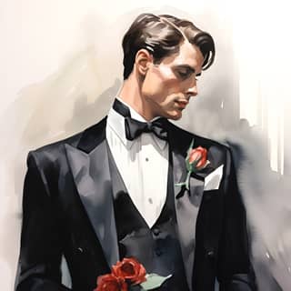 man in ren tuxedo valentine's day water color, in a tuxedo holding a rose