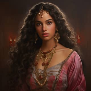 medieval middle eastern princess long dark curls and brown skin Iberian style with pink and orange jewelry laden with pearls