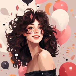 medium hair and fashionable woman having fun on her birthday in minimal illustration