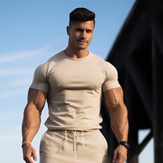 Herren Jogging-Shorts in Beige von Swoleefit mit einem minimalistischen Look im goldenen Zeitalter und dynamischen Outdoor-Aufnahmen.