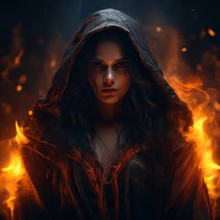 sorceress of fire in medieval cloak short dark hair face completely hidden in the hood stands in the middle of the flames