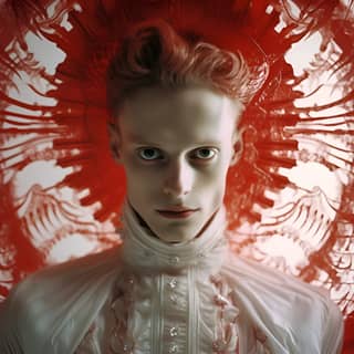 ultra-close up of ecclesiastical white photography in intricate red dress mirrored in a white room 1980s deathwave religious