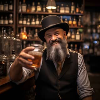 Homme barbu tenant un verre de bière et de whiskey.