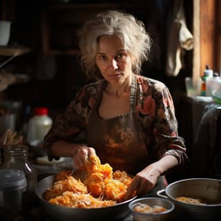 a Russian modern woman 50 years old mother of three children the homemaker in a large modern kitchen is baking dinner for