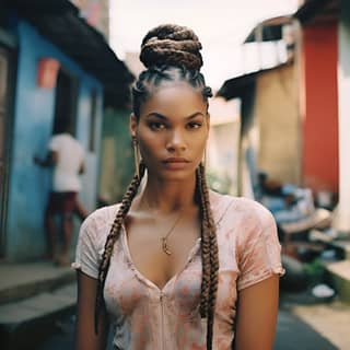 beautiful black woman with dutch braids in favela serious face expression soft analog photography