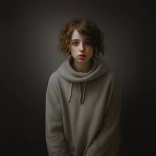 dressed like a child sad looking from under her brows in a gray sweater white background https://s mj run/uIWks1Mjr3I