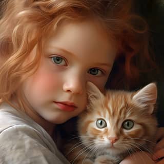 a ginger kitten and a little girl with blond hair mixed race soft pastel colors static pose detailed face detailed eyes