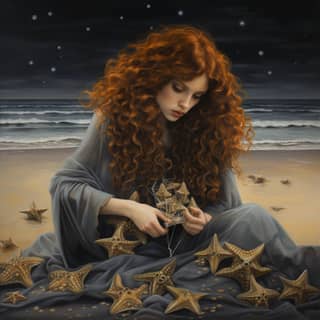 a grey curly woman is sitting at the ocean and collecting seastars in the style of rosetti