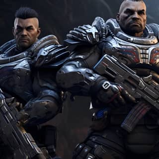 Dua prajurit pria yang memegang senapan tembakan listrik dalam Gears of War 5.