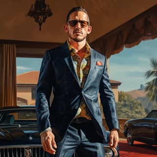 https://s mj oil painting --style raw, in a suit and sunglasses standing next to a car