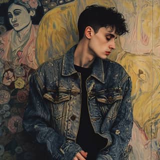 Pemuda berbelanja jaket denim dengan gaya Gustav Klimt.