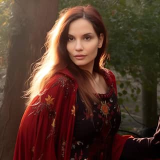 https://s mj run/JM2OSMzO45A this woman as an elven princess wearing a elvish medieval crimson colored dress