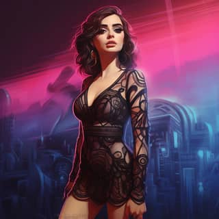 https://s mj run/knK1EcPq2hY synthwave, in a black dress standing in front of a cityscape