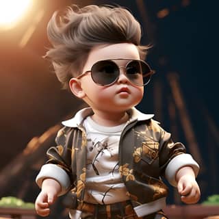 Ein Baby mit Sonnenbrille und Jacke.