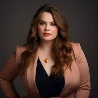 plus size woman fat body long light brown hair CEO of company portrait photography professional photoshoot elegant business