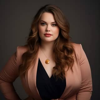 Plus-Size-Frau mit langen hellbraunen Haaren, CEO eines Unternehmens, elegant in Businesskleidung.