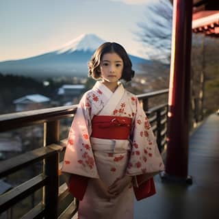 the mountain Fuji in Japan with a 12 year old girl in traditional Japanese kimono