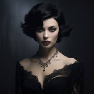 vampire woman with short black hair, woman with dark hair and a black dress