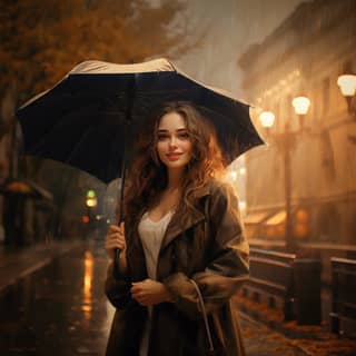 woman with brown hair and blonde tones is holding an umbrella and it is raining