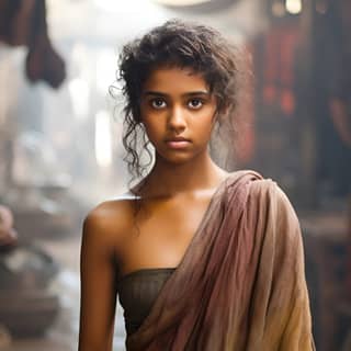 15 years old ruffled hair fair skin hardworking and sweaty Dharavi girl in a bakery Fair Dressed like a Roman peasant kind