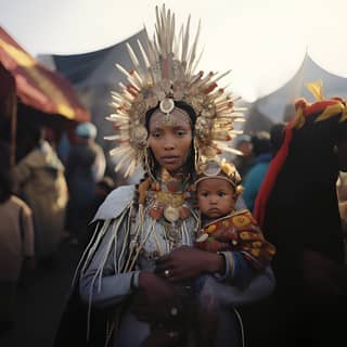 Une reine haute prêtresse intrépide et belle se tient à Woliso en Éthiopie tenant son bébé, portant une technologie corporelle avancée et une couronne dorée, avec son fils comme protecteur de la planète.