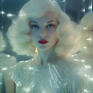 analog photography: 1950 women with crystal dress iridescent colors gigant Barbie iridescent hair in the style of ultrafine