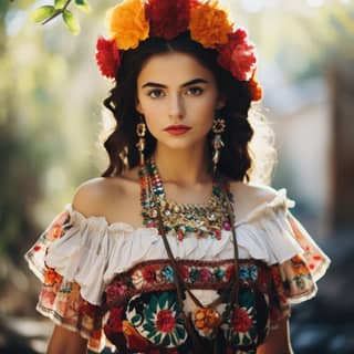 beautiful mexican teenager wearing a traditional mexican flower dress, beautiful in traditional mexican dress