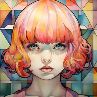 a drawing of a girl with a colorful colored exterior in the style of cubo-futurism stained glass effect tonal variations in