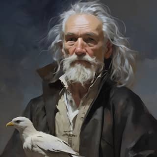 a kind old man with mid-long white knoted hair and short beard a white crow::5 solarizing master fantasy dnd