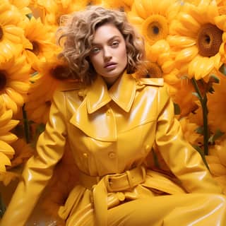 a model in a glossy yellow PVC trench coat poses in a comprehensive photoshoot surrounded by oversized sunflowers