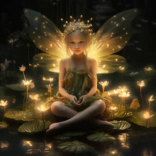 one inch tall fairy girl with wings sits in the middle of a 10 inch lotus magic light fireflies