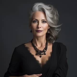 woman about 45 year old in a black dress, with gray hair posing for the camera