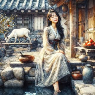 in traditional korean clothing sitting on a stone bench