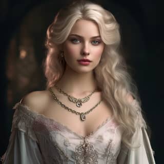 Silken platinum blonde hair with ice blue eyes medieval times realistic details with soft pink lips light and dainty with