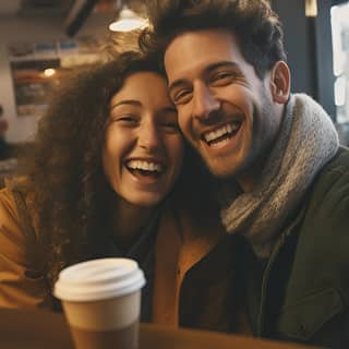 Una pareja se toma un selfie en una cafetería, mostrando una cinematografía brillante y colorida con una pose elegante y dinámica.