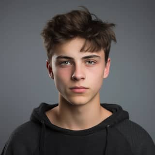 critical looking 18 year old teenage boy, with a hoodie on his head