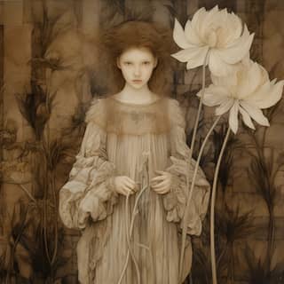 a drawing of a girl standing and holding a flower in the style of anthropomorphism pentax 645n eerie symbolism elaborate