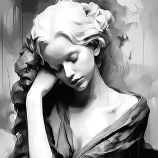 female marble statue portrait peaceful pose black and white thick brushstrokes dripping paint