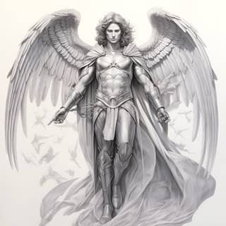 full body front View of archangel Michael with black wings widespread graphite pencil on white canva