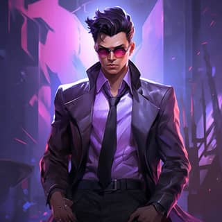 valorant inspired agent riot games inspired male asian with a purple and black color scheme with custom powers and abilities