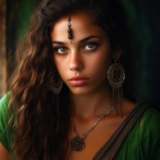 a very beautiful girl half - Spanish half - Indian large slanting green eyes proud bold textured skin mysterious look photo