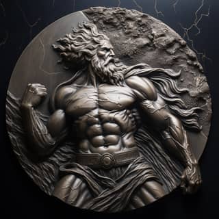 zeus thowing a lightning bolt engraved in metal, a bronze statue of with a muscular body