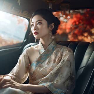 <125311> An ultra-realistic portrayal of modern Chinese woman sitting in a car confidently driving The artwork features