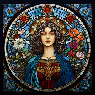 Aspasia Minerva of Miletus Greek philosopher, a stained glass window with in the center